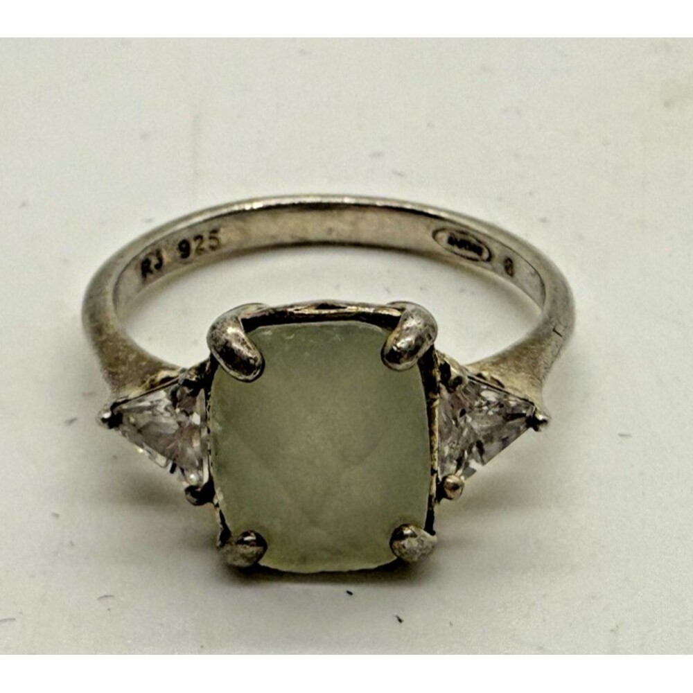 Avon Sterling Silver Jadite Ring Cushion Cut CZ Side Stones Size 7.75 Vintage